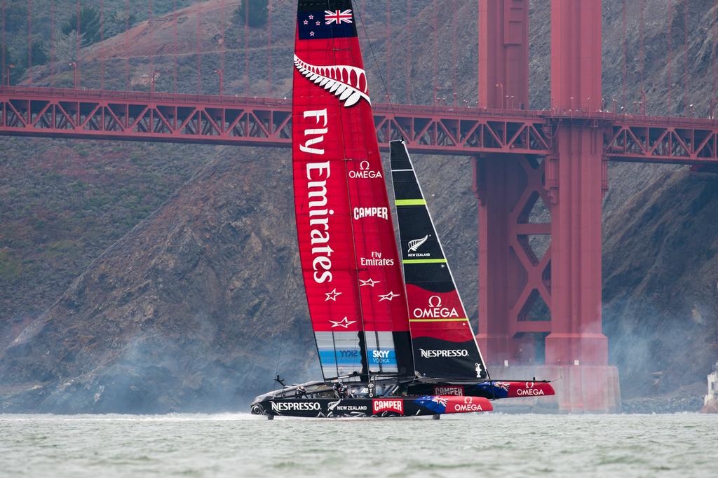 Emirates Team New Zealand NZL5 leads over Luna Rossa in their Round Robin four match of the 2013 Louis Vuitton Cup. 23/7/2013 photo copyright Chris Cameron/ETNZ http://www.chriscameron.co.nz taken at  and featuring the  class