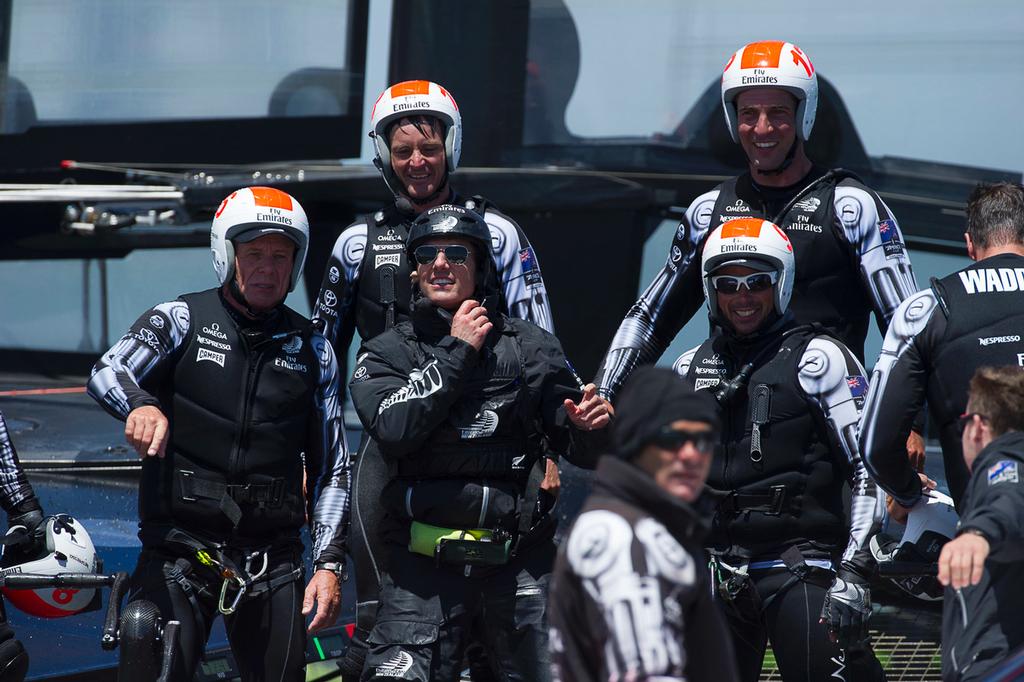 Emirates Team New Zealand takes Tom Cruise (in Black Helmet) for a ride on NZL5 after the Round Robin 5 race against luna Rossa. Louis Vuitton Cup 2013. San Francisco. 28/7/2013 photo copyright Chris Cameron/ETNZ http://www.chriscameron.co.nz taken at  and featuring the  class