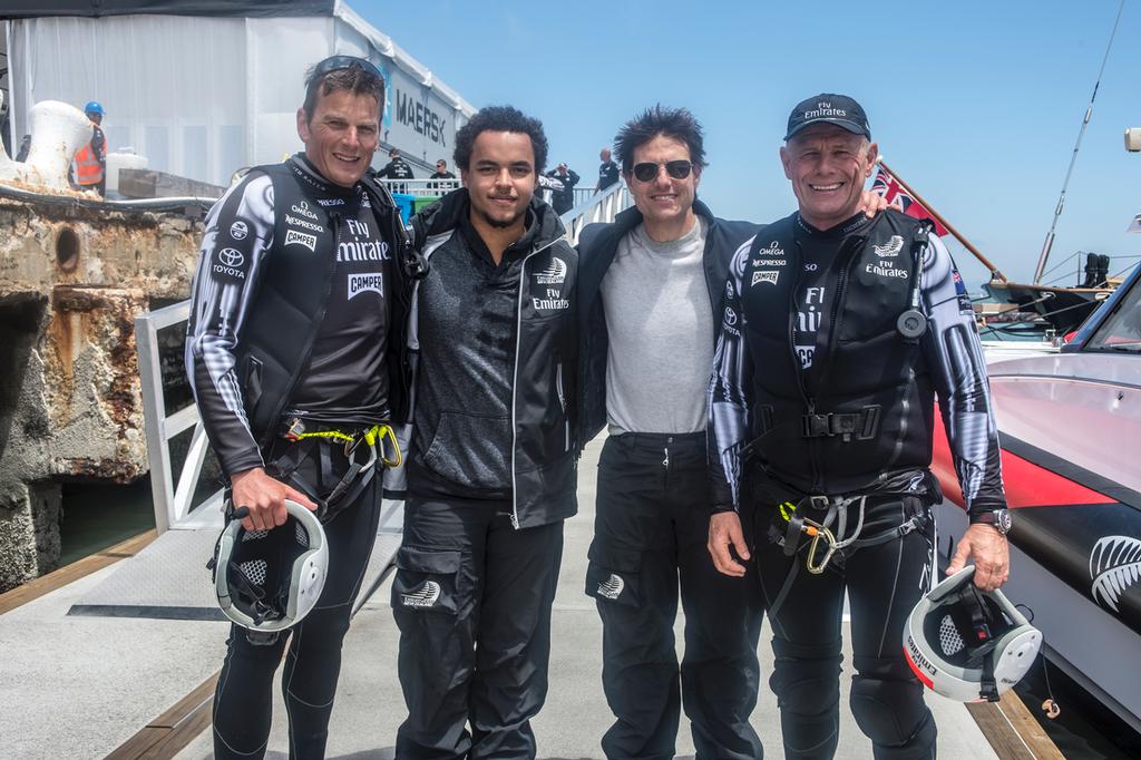 Emirates Team New Zealand takes Tom Cruise for a ride on NZL5 after the Round Robin 5 race against luna Rossa. Louis Vuitton Cup 2013. San Francisco. 28/7/2013 photo copyright Chris Cameron/ETNZ http://www.chriscameron.co.nz taken at  and featuring the  class