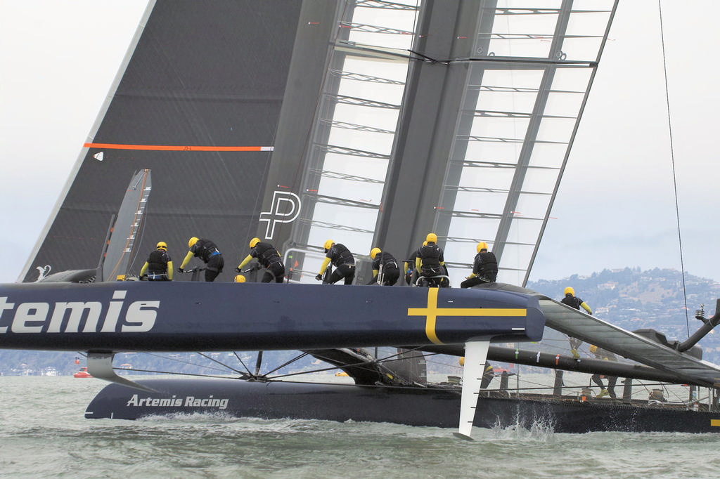 Artemis lifts her skirt for the cameras - America’s Cup 2013 © Chuck Lantz http://www.ChuckLantz.com