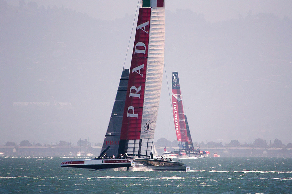 Luna Rossa heading towards the leeward mark, while ETNZ enjoys a comfortable lead. - America’s Cup 2013 © Chuck Lantz http://www.ChuckLantz.com