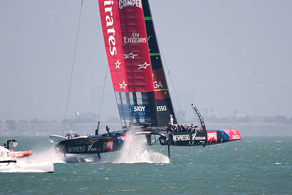 ETNZ up on her foils and flying towards a win over Luna Rossa  - America's Cup 2013 photo copyright Chuck Lantz http://www.ChuckLantz.com taken at  and featuring the  class