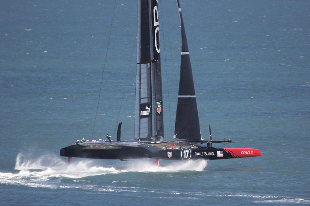 Oracle begins lift-off sequence as it begins to get onto its hydrofoils. - America's Cup © Chuck Lantz http://www.ChuckLantz.com