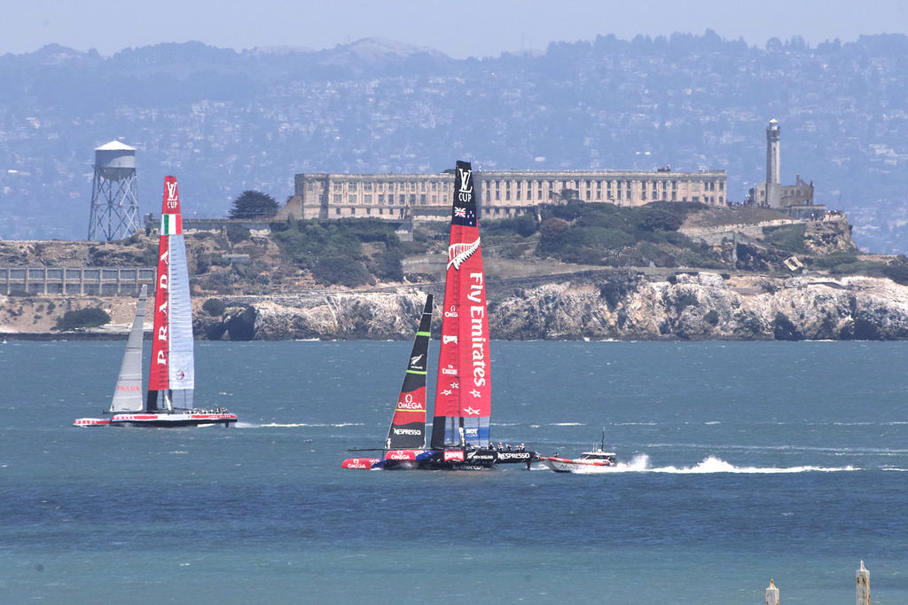 Prada and ETNZ, sailing upwind with Alcatraz Island in the background.   - America's Cup © Chuck Lantz http://www.ChuckLantz.com