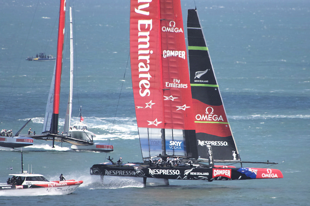 ETNZ, flat, fast and foiling as Prada approaches.  - America's Cup © Chuck Lantz http://www.ChuckLantz.com