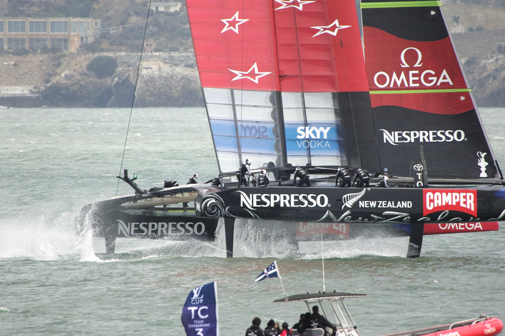 ETNZ coming out of a perfect foil-to-foil gybe, without her hulls touching the water. - Americas's Cup © Chuck Lantz http://www.ChuckLantz.com