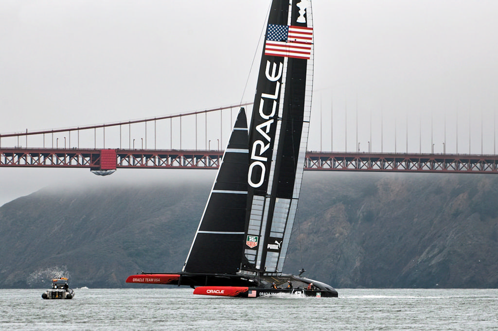 Oracle set for a downwind run frem the Golden Gate bridge. - America's Cup photo copyright Chuck Lantz http://www.ChuckLantz.com taken at  and featuring the  class