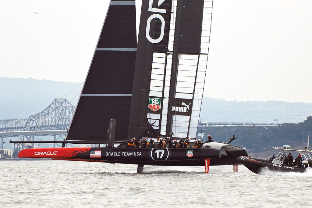 Oracle gains speed and height as they accelerate upwind. - America's Cup photo copyright Chuck Lantz http://www.ChuckLantz.com taken at  and featuring the  class