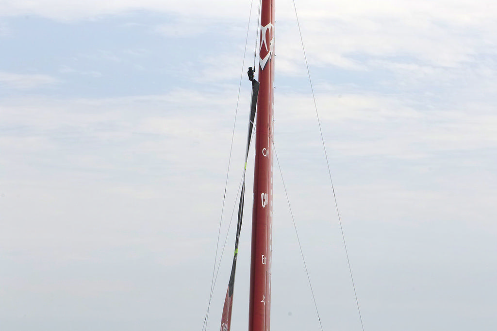 Prior to the start, ETNZ double-checks their jib halyard.  - America's Cup © Chuck Lantz http://www.ChuckLantz.com