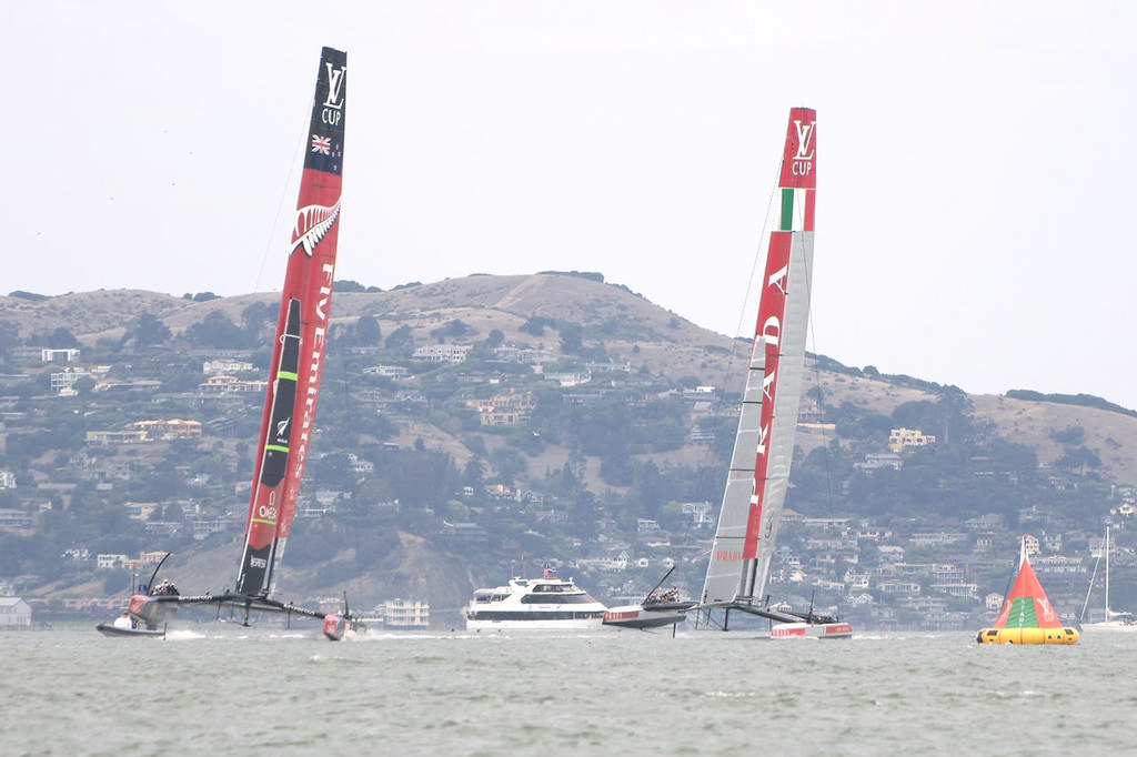 At the gun, ETNZ powers up, already ahead of Luna Rossa.  - America's Cup © Chuck Lantz http://www.ChuckLantz.com