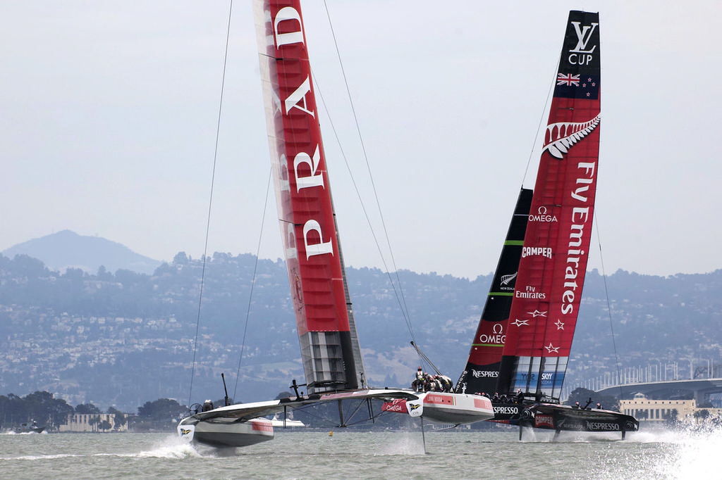 Not nearly as close as it looks in the photo, ETNZ ahead of Luna Rossa near the bottom mark - America’s Cup © Chuck Lantz http://www.ChuckLantz.com