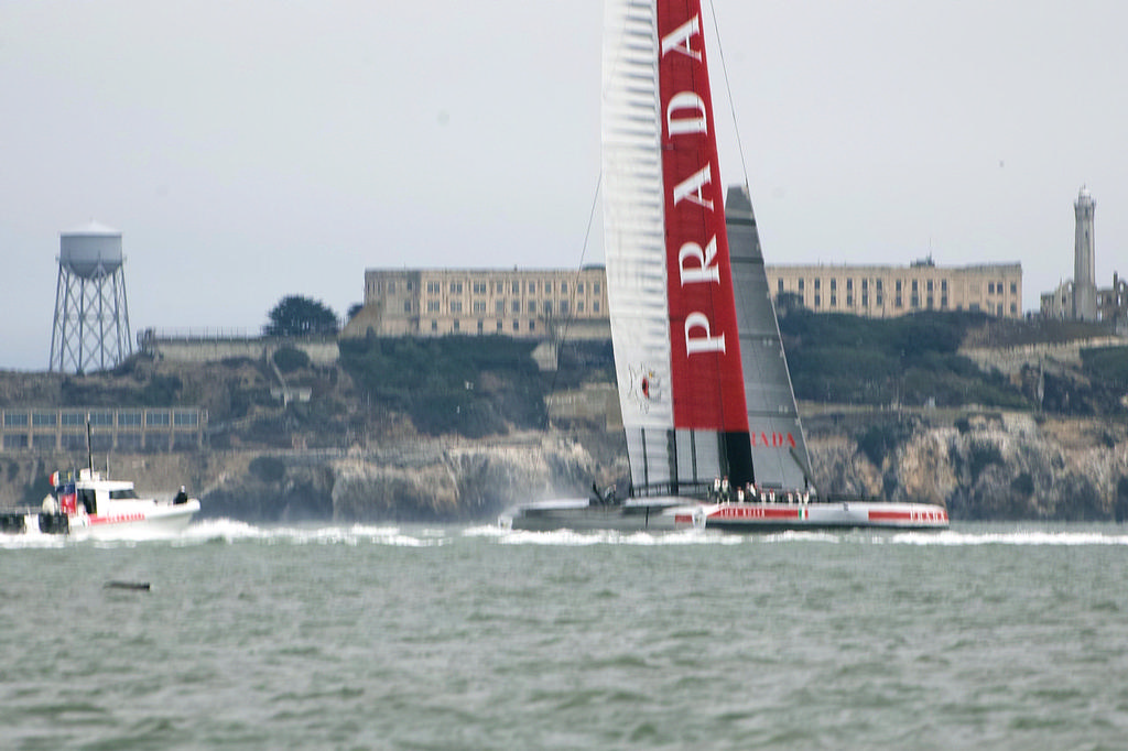 Prada after hitting a large fish, breaking their rudder and slamming down.  - America's Cup © Chuck Lantz http://www.ChuckLantz.com