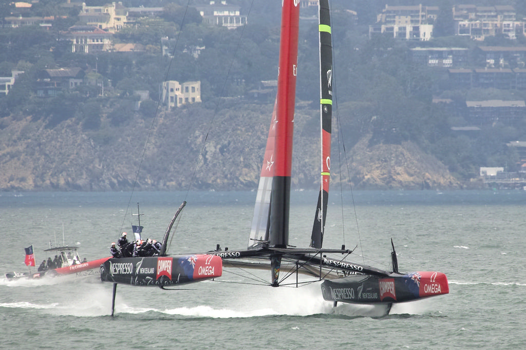 ETNZ begins the first manuever of their gybe sequence.  - America's Cup © Chuck Lantz http://www.ChuckLantz.com