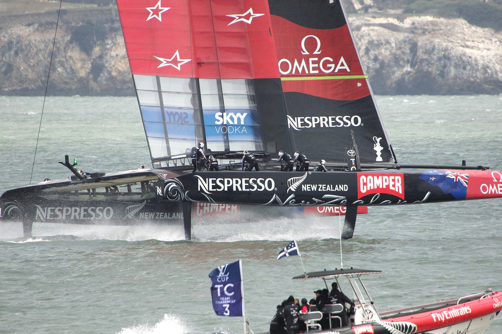 ETNZ shifts from one set of daggerboard and rudder foils to the other during a gybe.  - America's Cup photo copyright Chuck Lantz http://www.ChuckLantz.com taken at  and featuring the  class