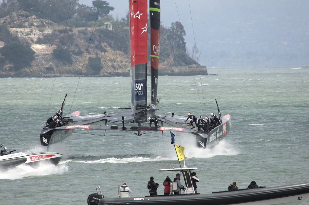 As ETNZ settles-in, the photographers on the media boat burn some pixels.  - America's Cup © Chuck Lantz http://www.ChuckLantz.com