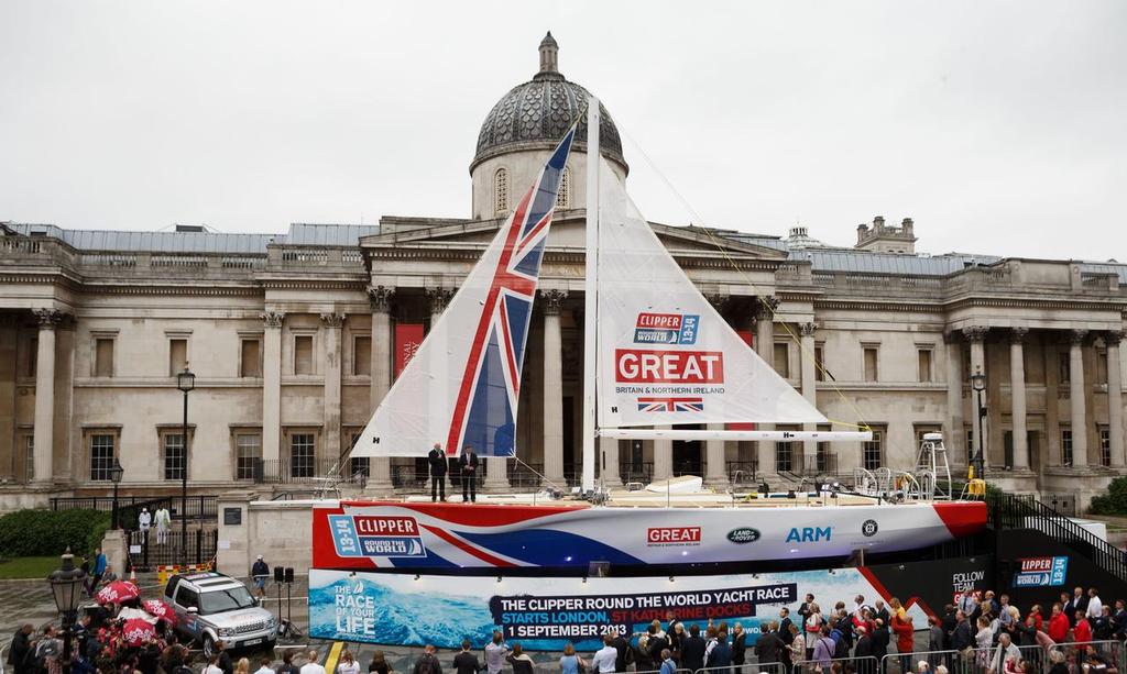 Sir Robin Knox-Johnston( (left) and Sport Minister Hugh Robertson prepare to christen the yacht called Great Britain in Trafalgar Square, London. © Julia Wall-Clarke