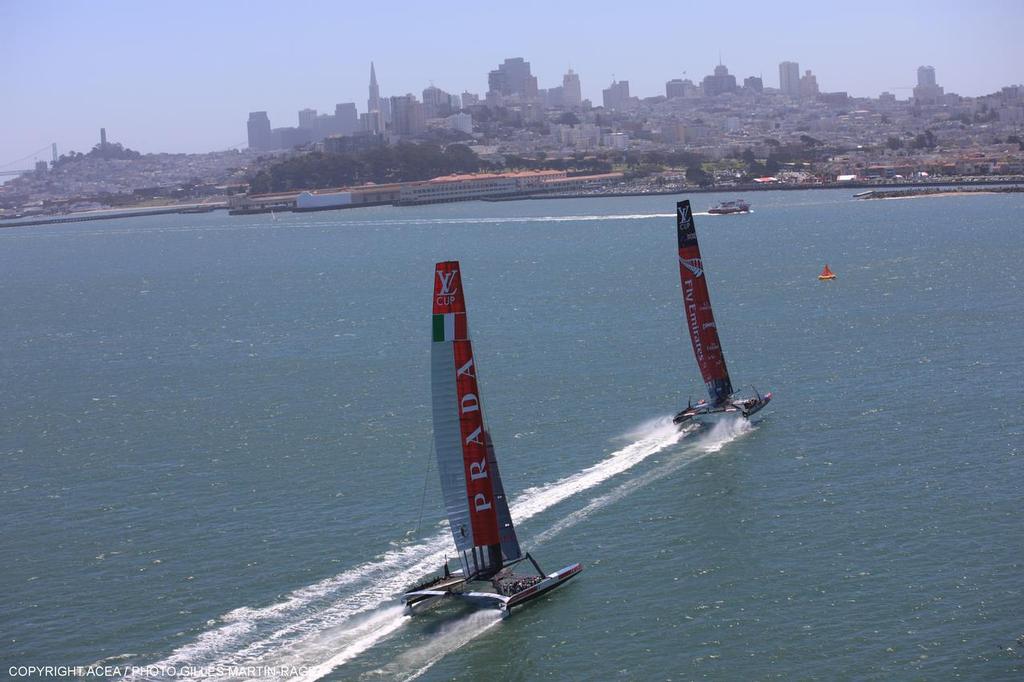 Chasing hard Luna Rossa with Emirates Team NZ ahead - Louis Vuitton Cup, Round Robin, Race Day 4, Luna Rossa vs ETNZ photo copyright ACEA - Photo Gilles Martin-Raget http://photo.americascup.com/ taken at  and featuring the  class