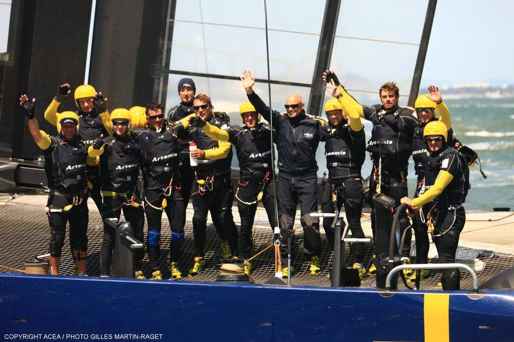 Artemis Racing salute their fans, Louis Vuitton Cup, Semi-Finals Race 4; Artemis Racing vs. Luna Rossa Challenge photo copyright ACEA - Photo Gilles Martin-Raget http://photo.americascup.com/ taken at  and featuring the  class