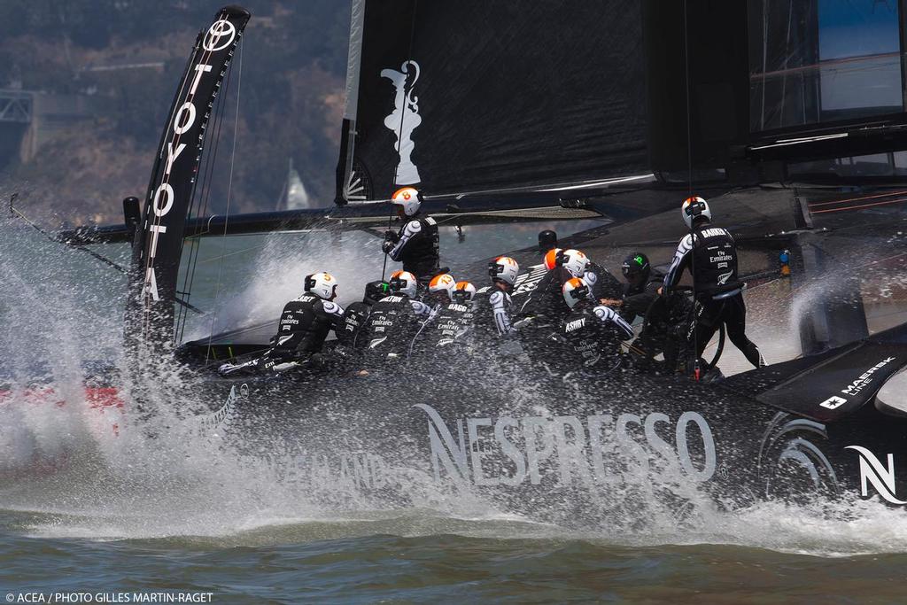 Emirates Team New Zealand vs Luna Rossa - Tom Cruise, Emirates Team New Zeland guest (black helmet with green ) at full pace on the AC72 photo copyright ACEA - Photo Gilles Martin-Raget http://photo.americascup.com/ taken at  and featuring the  class