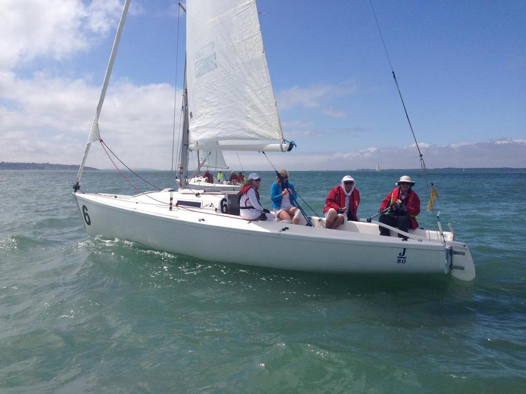 Lunch break on Brambles Bank, Solent. One win away from victory. Chris Pye’s J80 in foreground and Ron Packer in the background. Photo taken from Gary Griffiths boat © Royal Perth Yacht Club .