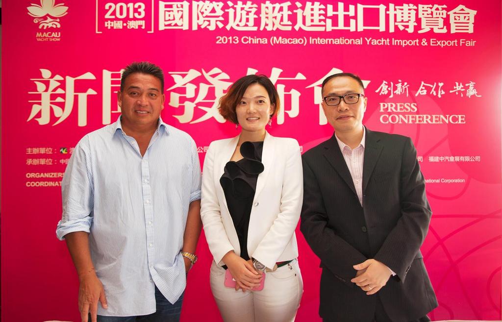 Macau Yacht Show 2013 - Press Conference at RHKYC. Gordon Hui, Sunseeker Asia; Ms Zhang Fengna, General Manager of Fujian Wangs Yacht Pie Investment & Developements Co Ltd; Mr. Liao Qihui, Director of Nam Kwong International Conference & Exhibition Department. © Guy Nowell/Macau Yacht Show