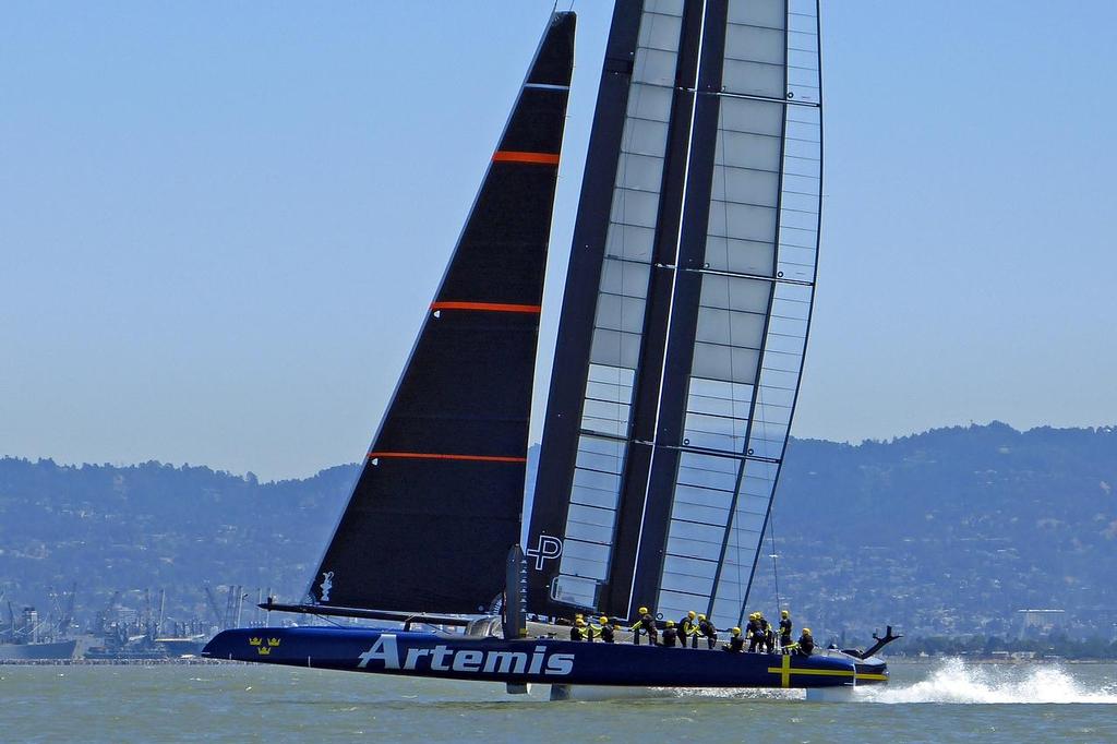 First foiling - Artemis Racing - Blue Boat - First Sail, July 24, 2013 photo copyright John Navas  taken at  and featuring the  class
