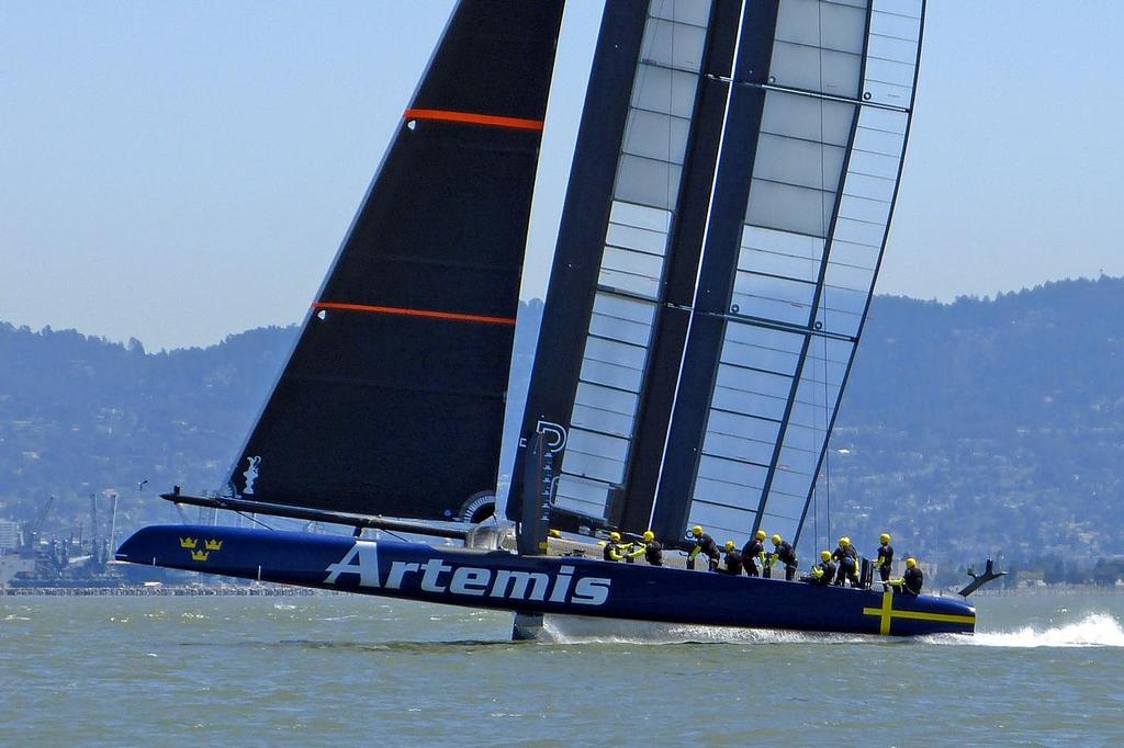 First foiling - Artemis Racing - Blue Boat - First Sail, July 24, 2013 photo copyright John Navas  taken at  and featuring the  class