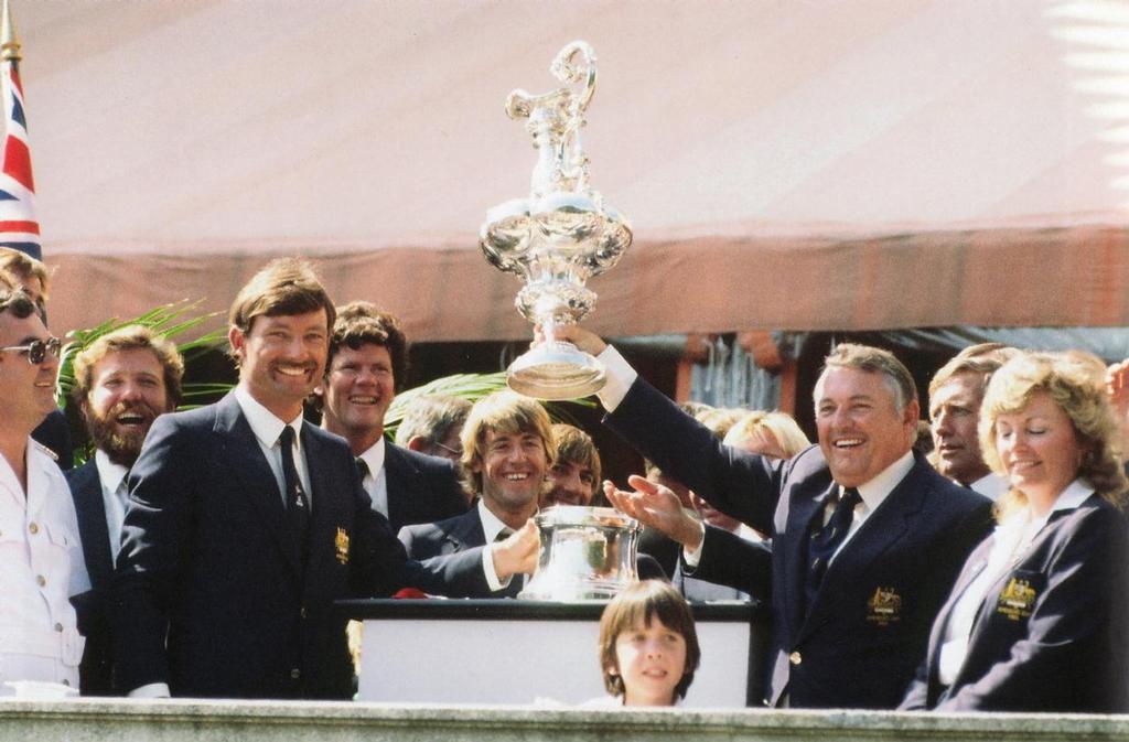 Alan Bond holds the America’s Cup aloft at the Vanderbilt’s Marble House © Paul Darling Photography Maritime Productions www.sail-world.com/nz