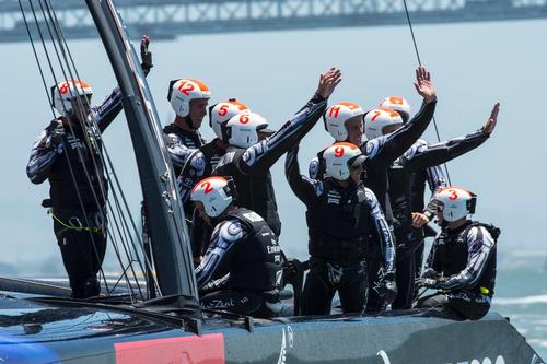 Emirates Team New Zealand wave to the crowds at the AC village after winning their round robin two match against Lunna Rossa. Vuitton Cup 2013. 13/7/2013 © Chris Cameron/ETNZ http://www.chriscameron.co.nz