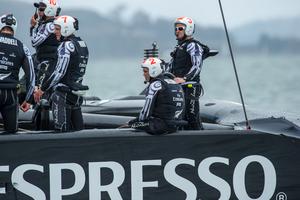 Emirates Team New Zealand NZL5 with Glenn Ashby driving practice before the Round Robin 4, Artemis race. Louis Vuitton Cup. San Francisco. 25/7/2013 photo copyright Chris Cameron/ETNZ http://www.chriscameron.co.nz taken at  and featuring the  class