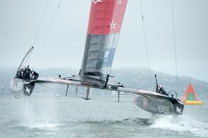 Emirates Team New Zealand NZL5 with Glenn Ashby driving entering the start box for the Round Robin 4, Artemis race. Louis Vuitton Cup. San Francisco. photo copyright Chris Cameron/ETNZ http://www.chriscameron.co.nz taken at  and featuring the  class