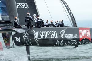 Emirates Team New Zealand NZL5 with Glenn Ashby driving sail their Round Robin 4, Artemis race alone again. Louis Vuitton Cup. San Francisco. 25/7/2013 photo copyright Chris Cameron/ETNZ http://www.chriscameron.co.nz taken at  and featuring the  class