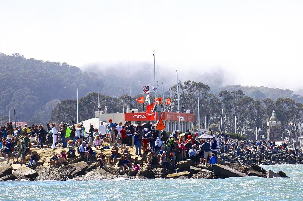 Oracle Team USA v Emirates Team New Zealand. America's Cup Day 2, San Francisco. Fans by the Golden Gate Yacht Club photo copyright Richard Gladwell www.photosport.co.nz taken at  and featuring the  class