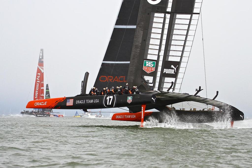 Oracle Team USA v Emirates Team New Zealand. America's Cup Day 2, San Francisco. Emirates Team NZ leads on Leg 4, Race 3 photo copyright Richard Gladwell www.photosport.co.nz taken at  and featuring the  class