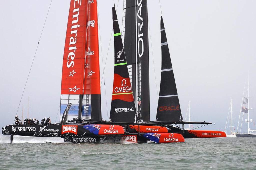 Oracle Team USA v Emirates Team New Zealand. America's Cup Day 2, San Francisco. Emirates Team NZ at the start of Race 3, with Oracle Team USA visible to leeward photo copyright Richard Gladwell www.photosport.co.nz taken at  and featuring the  class