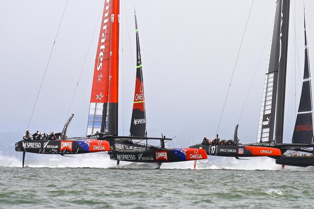 Oracle Team USA v Emirates Team New Zealand. America's Cup Day 2, San Francisco. Emirates Team NZ at the start of Race 3, with Oracle Team USA visible to leeward photo copyright Richard Gladwell www.photosport.co.nz taken at  and featuring the  class