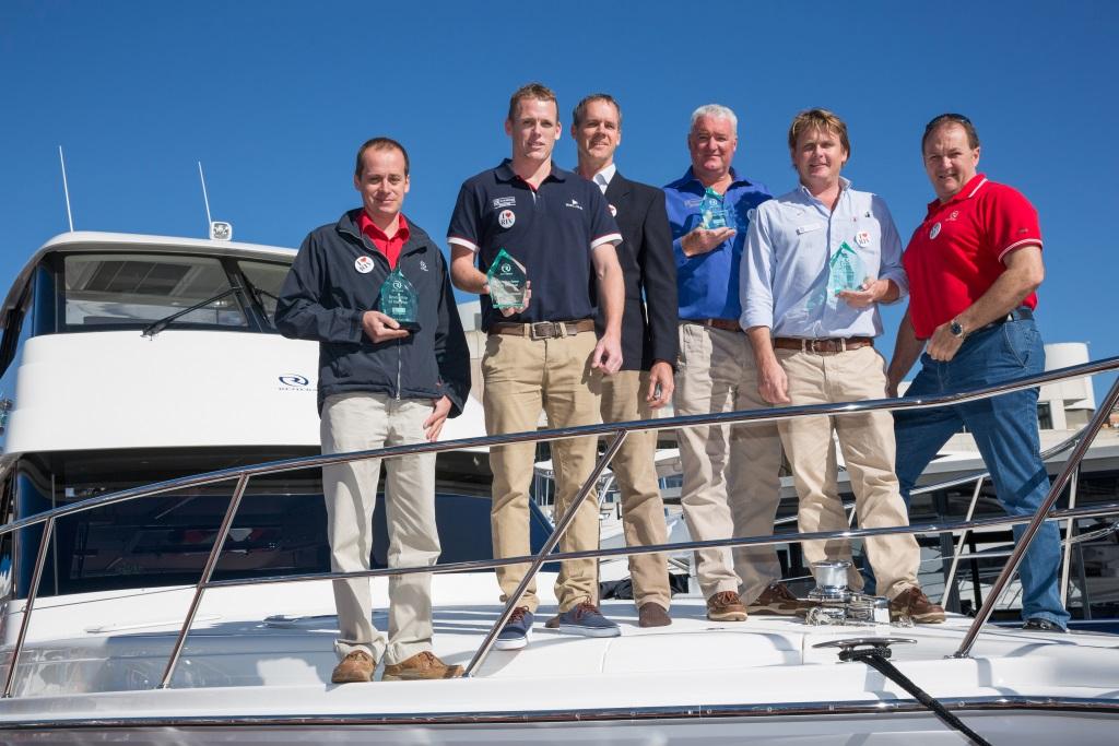 Riviera Dealer Award recipients Paul Harrop, Cameron McGoogan, Riviera owner Rodney Longhurst, Michael Joyce, Pete Devery, and CEO Wes Moxey photo copyright Riviera . http://www.riviera.com.au taken at  and featuring the  class