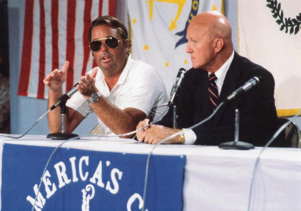 Bill Ficker moderates a press conference in 1983  as Dennis Conner explains the tactics © Paul Darling Photography Maritime Productions www.sail-world.com/nz