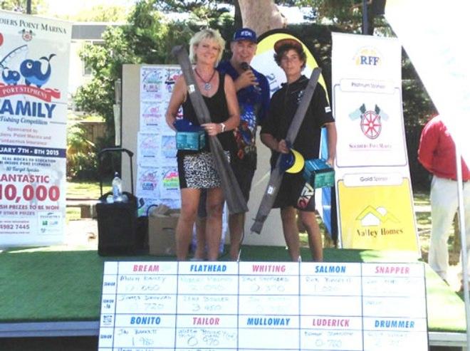 Junior Angler Lena Bowler with her prize for the heaviest Flathead - 2015 Inaugural Port Stephens Family Fishing Competition © Soldiers Point Marina http://www.soldierspointmarina.com.au