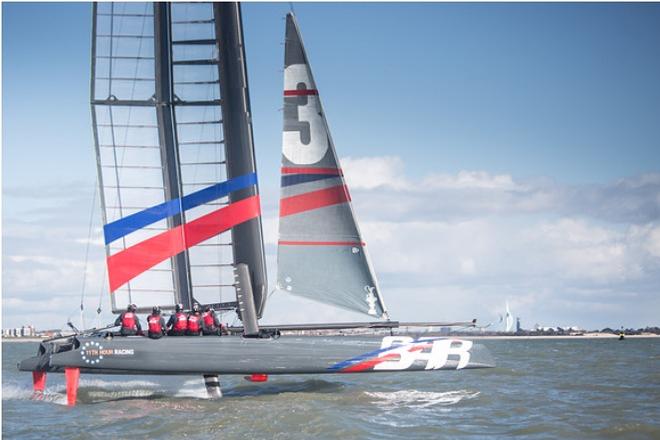 Ben Ainslie Racing sailing onboard their AC45 with the Spinnaker Tower on the horizon. - BAR Technical Innovation Group © Ben Ainslie Racing www.benainslieracing.com