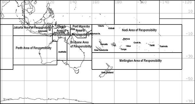 Tropical cyclone warning centres area of responsibility. © MetService