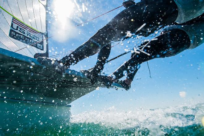 Annie Haeger and Briana Provancha (Women’s 470) racing at ISAF Sailing World Cup Miami, Presented by Sunbrella.  © Jen Edney