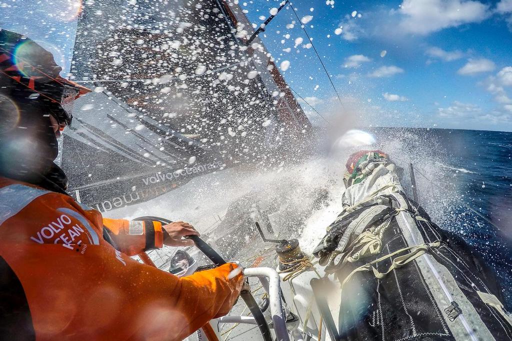 March 19, 2015. Leg 5 to Itajai onboard Team Alvimedica. Day 1. The still weakening Ex-Cylone Pam serves up a dosage of nastiness as the sea state continues to destabilize for the push to get east above it. Charlie Enright driving at high speed. ©  Amory Ross / Team Alvimedica