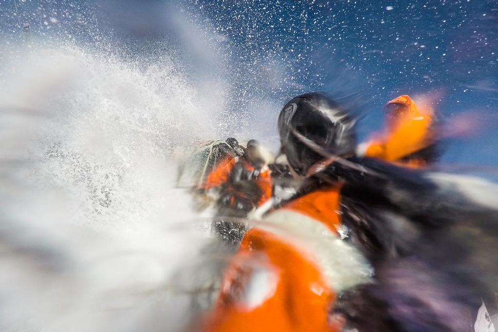 March 19, 2015. Leg 5 to Itajai onboard Team Alvimedica. Day 1. The still weakening Ex-Cylone Pam serves up a dosage of nastiness as the sea state continues to destabilize for the push to get east above it. A wet and wild existence even in the protected cockpit of a Volvo 65. ©  Amory Ross / Team Alvimedica
