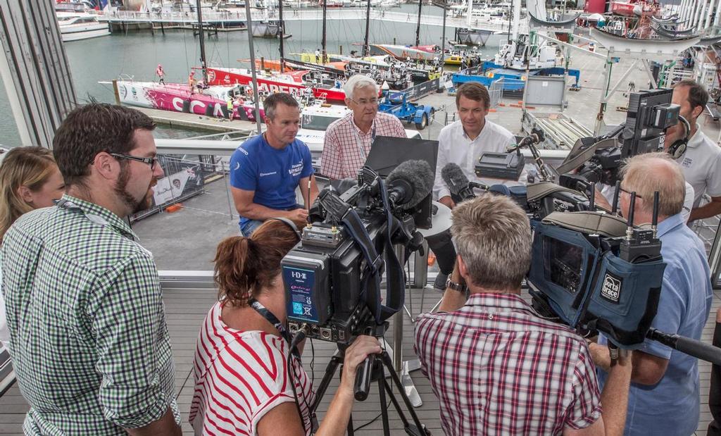 March 09, 2015. Team Vestas Wind's Chris Nicholson, Volvo Ocean Race CEO Knut Frostad and author of the report Chris Oxenbould face the world's media in Auckland photo copyright  Ainhoa Sanchez/Volvo Ocean Race taken at  and featuring the  class