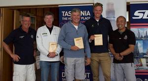 L-R: SB20 Tasmanian President Scott Brain, Championship winners Rob Jeffreys, Glenn Bourke, Jake Lilley and DSS Vice Commodore Steve Chau - Phot Dane Lojek photo copyright Sam Teidemann taken at  and featuring the  class