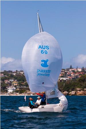 Hamish Jarrett's Miss Pibb is second overall in the Ynglings - Sydney Harbour Regatta photo copyright  Andrea Francolini / MHYC http://www.afrancolini.com/ taken at  and featuring the  class