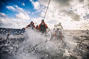 Onboard Team Alvimedica - Typically wet downwind sailing conditions keep everyone in the back of the boat,but never free from the ocean's reach - Leg five to Itajai -  Volvo Ocean Race 2015 photo copyright  Amory Ross / Team Alvimedica taken at  and featuring the  class