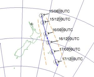 Track of TC Pam. The orange lines mark the uncertainty of the track. Times are given in UTC, add 13 hours for New Zealand local time - Tropical Cyclone Pam photo copyright MetService taken at  and featuring the  class