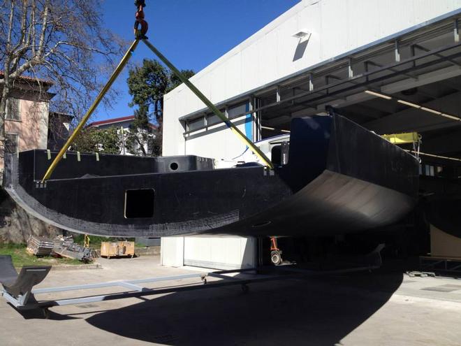 Moulds lifted clear of the shed - April 2015 - Team Vestas Wind rebuild at Persico Marine, Bergamo. Italy © Brian Carlin - Team Vestas Wind